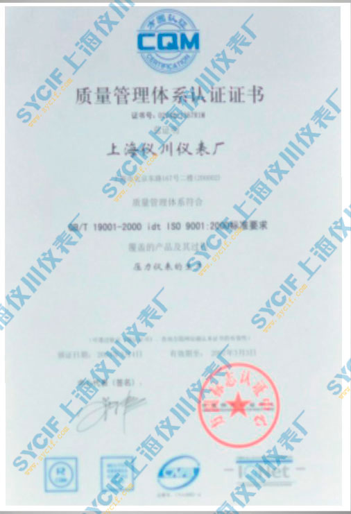 上海儀川儀表廠質量管理體系認證證書（ISO）